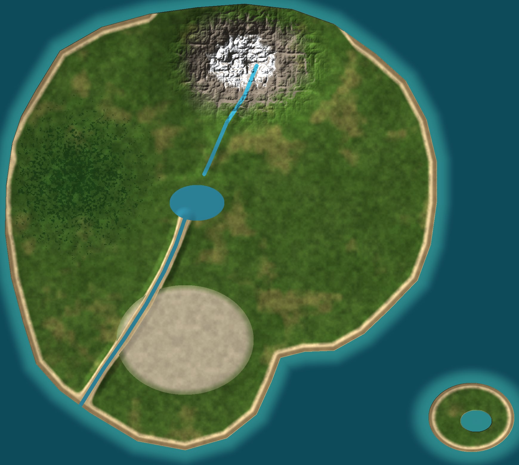 Map of Galtland: the mountain in the north, the falls and lake in the middle, the forest to the west, the town and beach to the south, and Lagoon Island off the south-east coast.