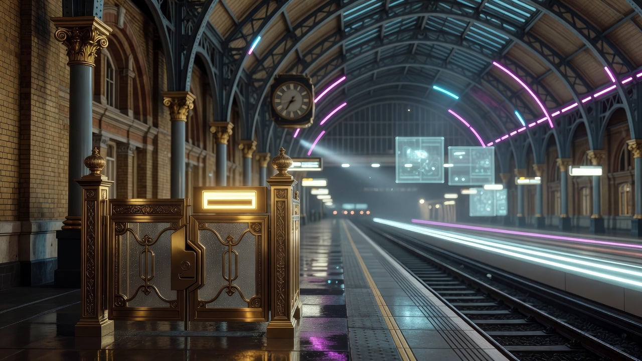 An ornate brass ticket gate with a glowing slot, the empty neon-lit platform behind it